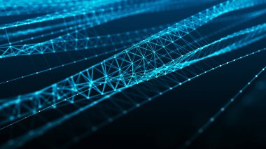DNA çarpık yapısı. Noktalar ağı çizgilerle birleşti. Moleküler soyut arkaplan. Büyük veri görselleştirmesi. Parlak parçacıkların dalgası. Ses dalgası. 3d oluşturma.