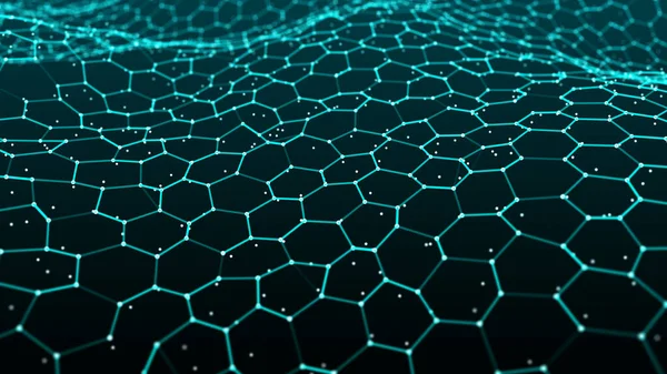 Network of bright connected dots and lines. Wave of gradient dots on black background. Abstract digital background. 3D rendering.