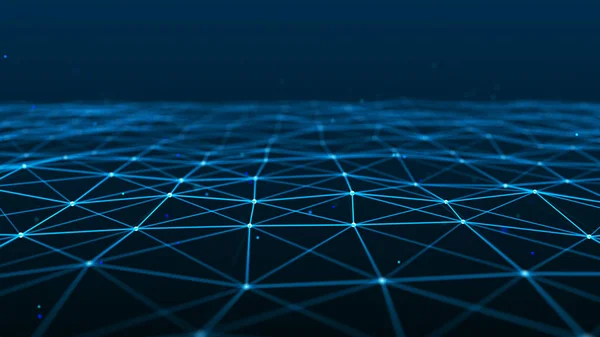 Network of bright connected dots and lines. Wave of gradient dots on black background. Abstract digital background. 3D rendering.