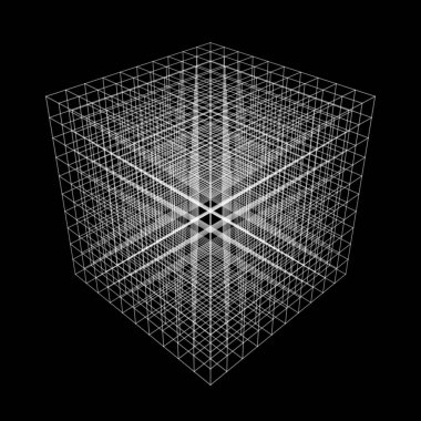 Çoklu çizgilerden oluşan üç boyutlu küp. Dijital teknoloji. Gelecekçi vektör illüstrasyonu.