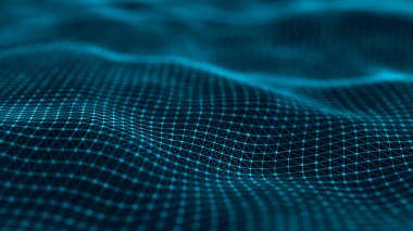 Dalgalı yüzey, birbirine bağlı birçok nokta ve çizgi var. Soyut fütüristik geçmiş. 3B görüntüleme.