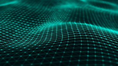 Dalgalı yüzey, birbirine bağlı birçok nokta ve çizgi var. Soyut fütüristik geçmiş. 3B görüntüleme.