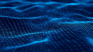 Dalgalı yüzey, birbirine bağlı birçok nokta ve çizgi var. Soyut fütüristik geçmiş. 3B görüntüleme.