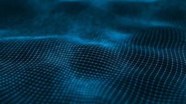 Dalgalı yüzey, birbirine bağlı birçok nokta ve çizgi var. Soyut fütüristik geçmiş. 3B görüntüleme.