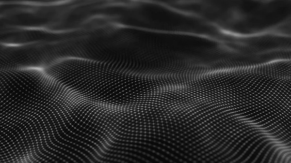 波浪形表面 有许多相连的圆点和线条 摘要未来主义背景 3D渲染 — 图库照片