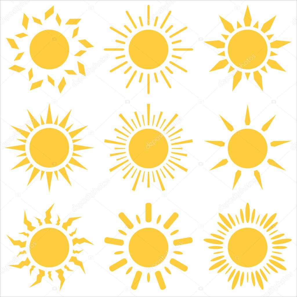 Set of different sun icons. Vector illustration.