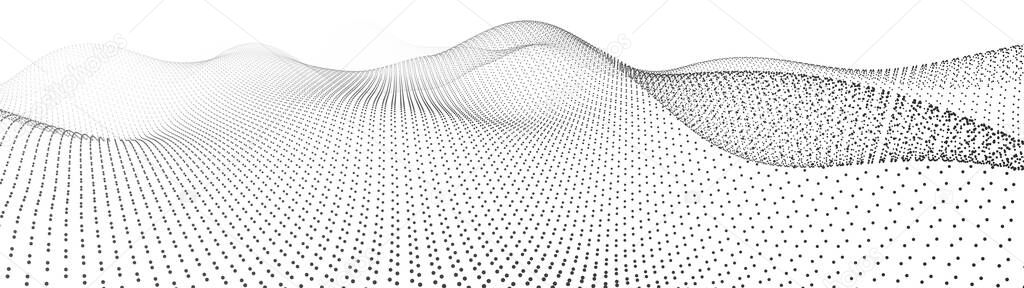 Abstract dynamic wave of particles. Big data. Low poly shape. Wave of gradient dots on white background. Futuristic vector illustration