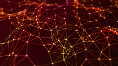 Parlak noktalar ve çizgiler ağı. Siyah arkaplandaki eğimli noktalar dalgası. Soyut dijital arkaplan. 3B görüntüleme.