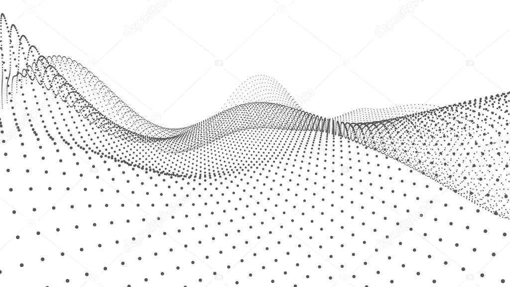 Abstract dynamic wave of particles. Big data. Low poly shape. Wave of gradient dots on white background. Futuristic vector illustration