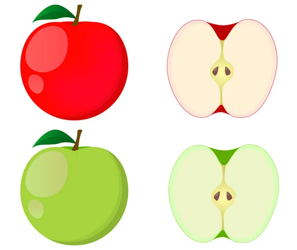 Frischer Roter Und Grüner Apfel Vereinzelte Symbole Halber Und Ganzer — Stockvektor
