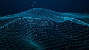 Parlak noktalar ve çizgiler ağı. Siyah arkaplandaki eğimli noktalar dalgası. Soyut dijital arkaplan. 3B görüntüleme.