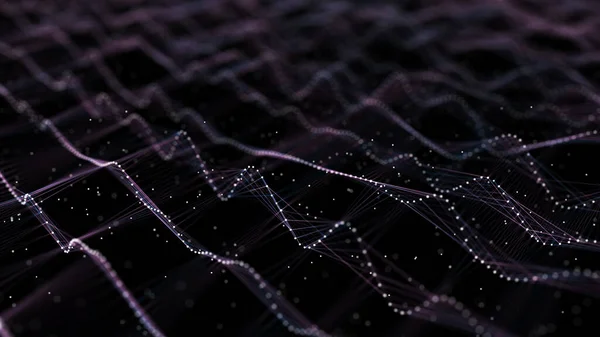 Network of bright connected dots and lines. Wave of gradient dots on black background. Abstract digital background. 3D rendering.