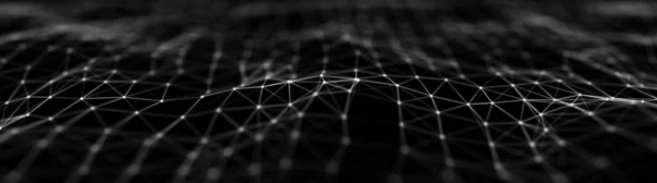 Network of bright connected dots and lines. Wave of gradient dots on black background. Abstract digital background. 3D rendering.