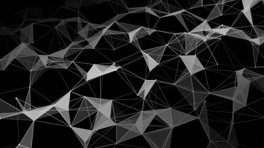 Parlak noktalar ve çizgiler ağı. Siyah arkaplandaki eğimli noktalar dalgası. Soyut dijital arkaplan. Gelecekçi vektör illüstrasyonu.