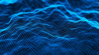 Parlak noktalar ve çizgiler ağı. Siyah arkaplandaki eğimli noktalar dalgası. Soyut dijital arkaplan. 3B görüntüleme.