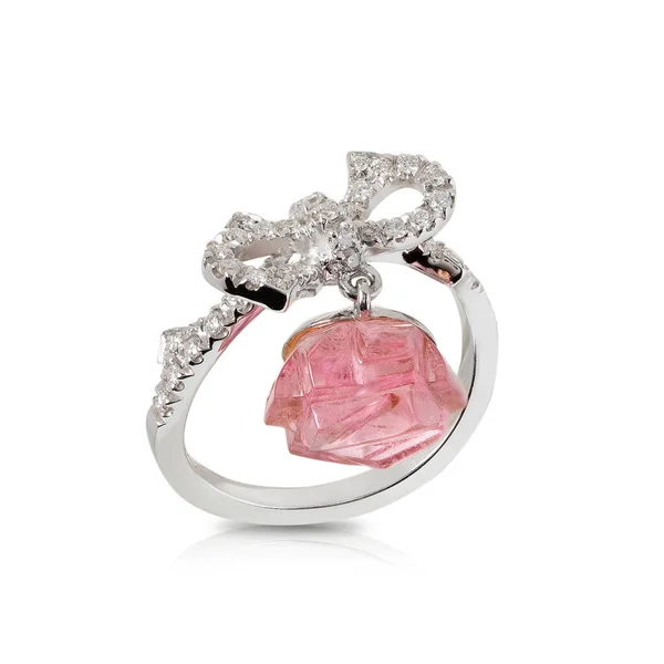 Anillo Arco Oro Blanco Con Diamantes Cuarzo Rosa Rosa Aislado — Foto de Stock