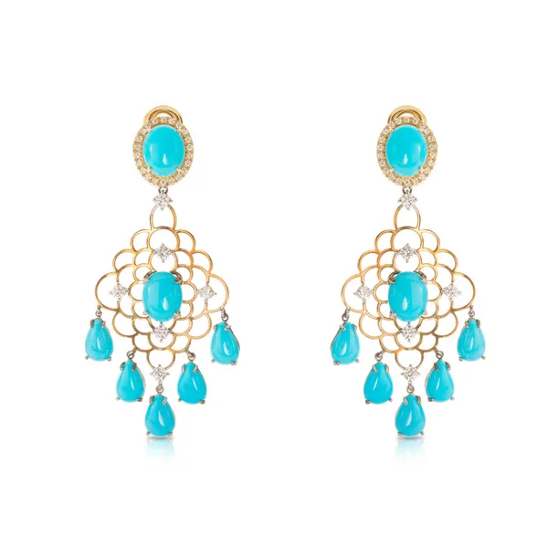 Yellow Gold Chandelier Earrings Diamonds Turquoise Isolated White Background — Stock Photo, Image