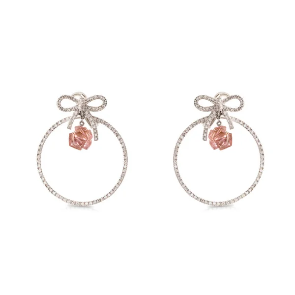 Elegantes Pendientes Oro Blanco Con Arco Diamantes Rosas Cuarzo Rosa — Foto de Stock