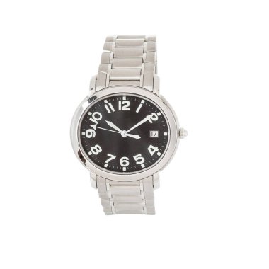 Klasik oval gümüş saat, siyah kadranlı, takvim ve çelik kayışlı, ön manzara beyaz arka planda izole.