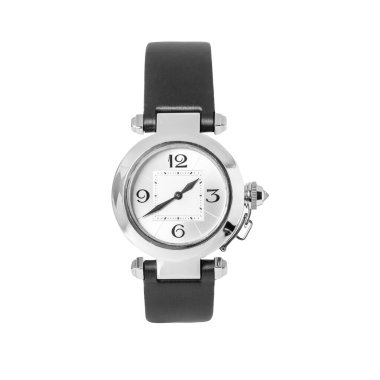 Beyaz altın ve deri kayışlı lüks saat, beyaz arka planda izole edilmiş ön manzara.