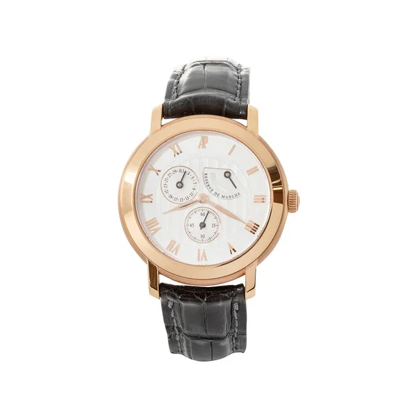 ホワイトで隔離された高級ローズゴールドの腕時計 ホワイトダイヤルで古典的な時計 ブラックレザーストラップ フロントビューを備えた自動巻き腕時計 — ストック写真