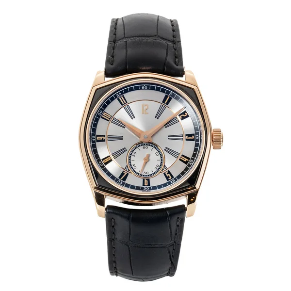 ホワイトで隔離された高級ローズゴールドの腕時計 クラシックウォッチ付き ブラックレザーストラップ フロントビューを備えた自動巻き腕時計 — ストック写真
