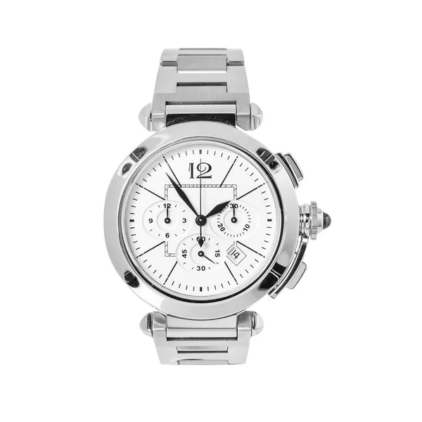 stock image Silver Chronograph Watch with White Dial Isolated on White Background