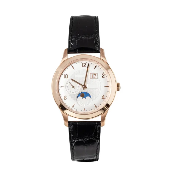 Reloj Lujo Oro Rosa Aislado Blanco Reloj Clásico Con Calendario —  Fotos de Stock
