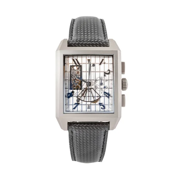 Relógio Cronógrafo Prata Com Mostrador Branco Pulseira Carbono Preto Vista — Fotografia de Stock