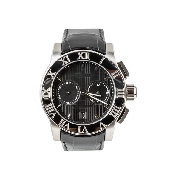 Élégante Montre Chronographe Acier Avec Cadran Noir Calendrier Bracelet Cuir — Photo