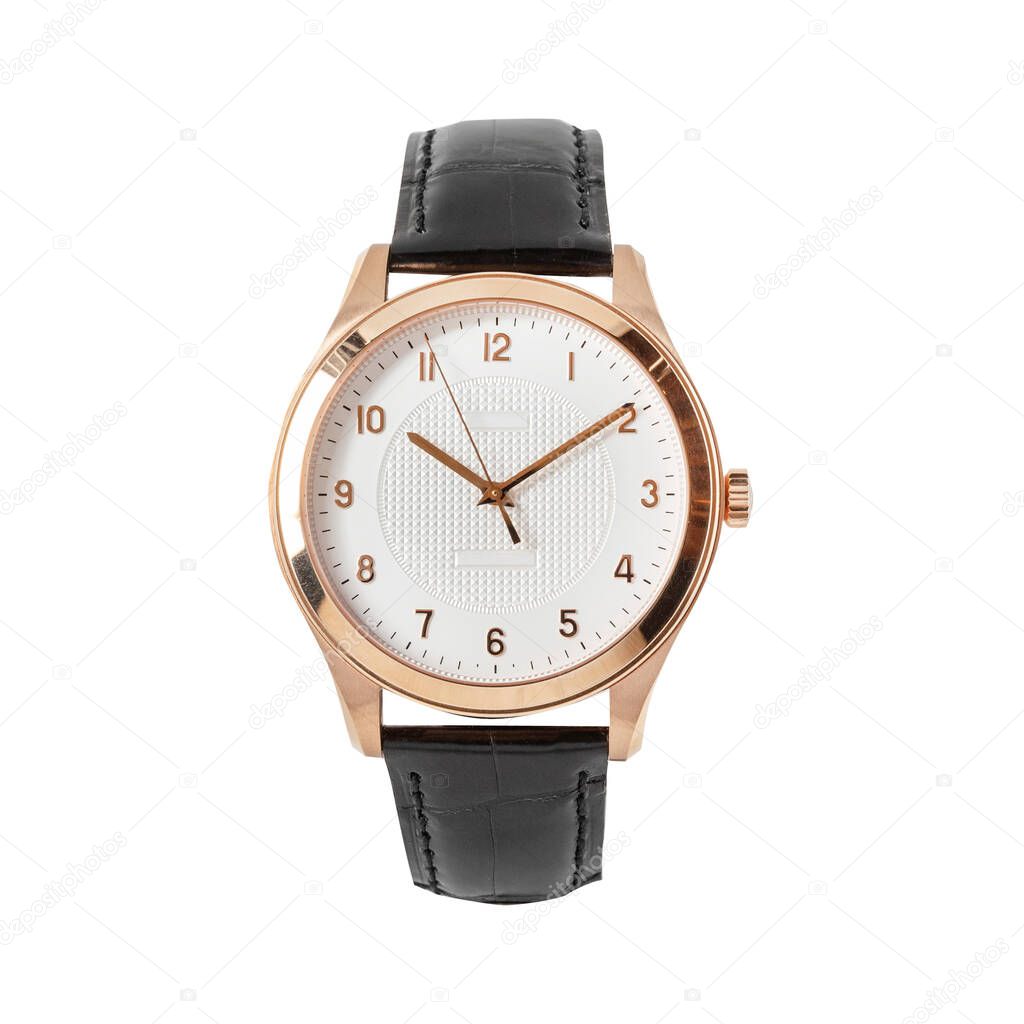 Luxury rose gold watch isolated on white. Classic watch with a white dial. Automatic wristwatch with a black leather strap, front view