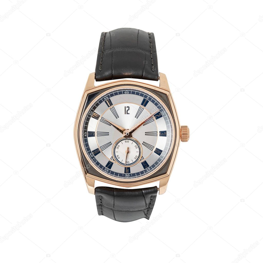 Luxury rose gold watch isolated on white. Classic watch with a white dial. Automatic wristwatch with a black leather strap, front view