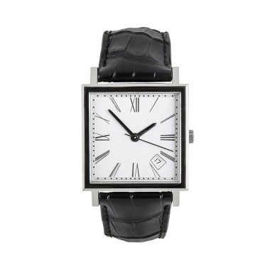 Luxury classic square watch with white dial and roman numerals and black leather strap clipart