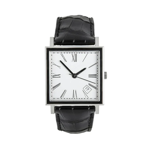 Luxury Classic Square Watch White Dial Roman Numerals Black Leather — Stock Photo, Image