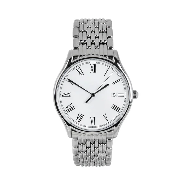 Relógio Clássico Luxo Com Mostrador Branco Algarismos Romanos Calendário Pulseira — Fotografia de Stock