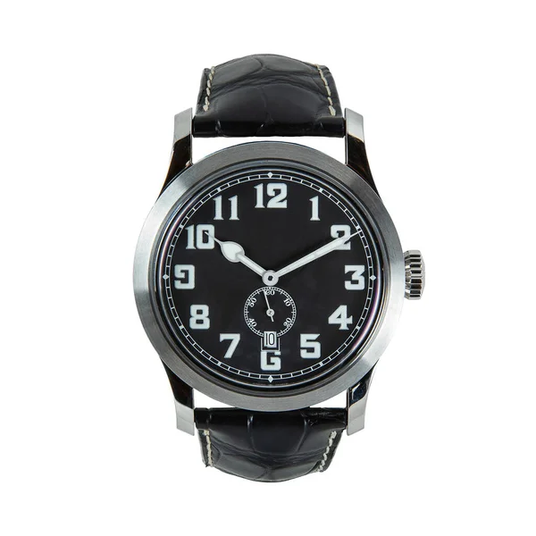 Black watch with black dial and calendar and black leather strap