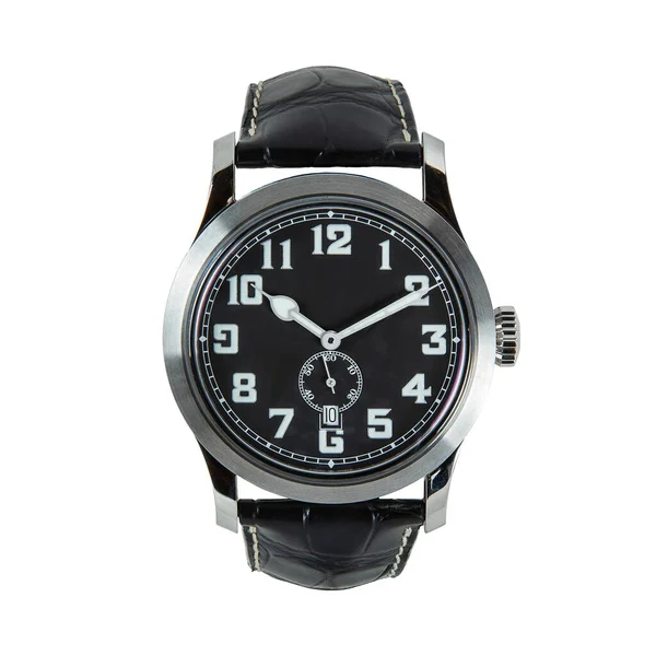 Montre Noire Avec Cadran Noir Calendrier Bracelet Cuir Noir — Photo