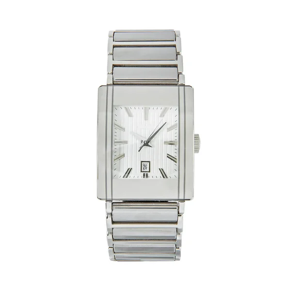 Classic Elongated Silver Watch White Dial Calendar Steel Strap — Stock Photo, Image