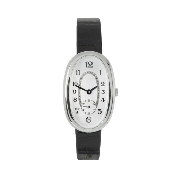 Luxe Ovaal Vormgegeven Klassiek Horloge Met Witte Wijzerplaat Zwarte Leren — Stockfoto