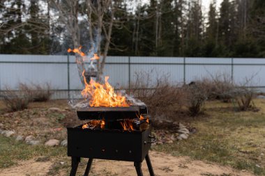 Yakacak odun, doğanın arka planında bir barbeküde yanıyor.