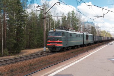 Ormanın arka planında elektrikli bir lokomotif tarafından çekilen yük treni.