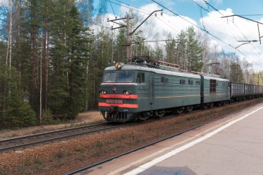 Ormanın arka planında elektrikli bir lokomotif tarafından çekilen yük treni.