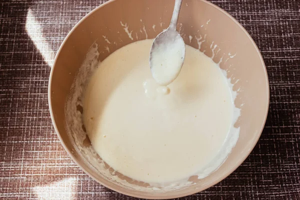 Dough Making Pancakes Omelet Bowl Whisk Kitchen Homemade Healthy Pancakes — Stock Photo, Image