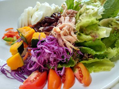 Taze sebze salatası ve doğranmış tavuk eti besleyicidir ve sağlık için iyidir.