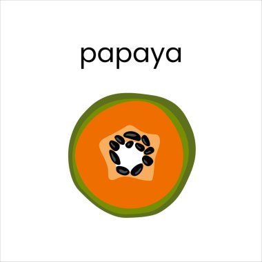 Yarım portakallı papaya. Tohumlarla dolu olgun papaya. Beyaz üzerine izole edilmiş vektör illüstrasyon çizgi film simgesi..