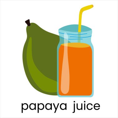 Yeşil papaya ve meyve suyu. Olgun organik piyon. Beyaz üzerine izole edilmiş vektör illüstrasyon çizgi film simgesi.