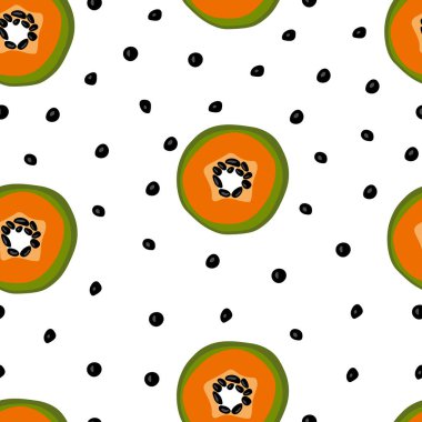Papaya ile kusursuz desen. Olgun, turuncu ve yeşil papaya meyvesi. Yaz arkaplanı.