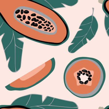 Papaya ile kusursuz desen. Olgun, turuncu ve yeşil papaya meyvesi. Yaz arkaplanı.