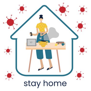 Karantina konsepti. COVID-19 salgını sırasında evde çalışmak. Coronavirus karantina önleyici önlemler. Enfeksiyonun yayılmasını önlemek. Dizüstü bilgisayarda çalışan kişi.