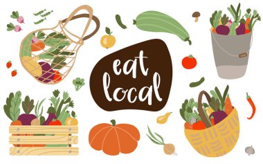 Yerel harf sebze ve sebze ye. Beyaz arka planda izole edilmiş taze sebzelerle çiftçi pazarı illüstrasyonu. Çiftçi, organik, vejetaryen.